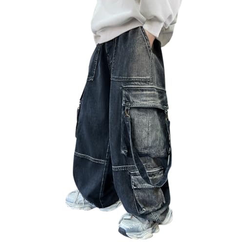 Boys Cargo Denim Pants Straight Wide Leg Vintage Baggy Streetwear Jeans Elastic Waisted Cool Multi Pockets Trousers