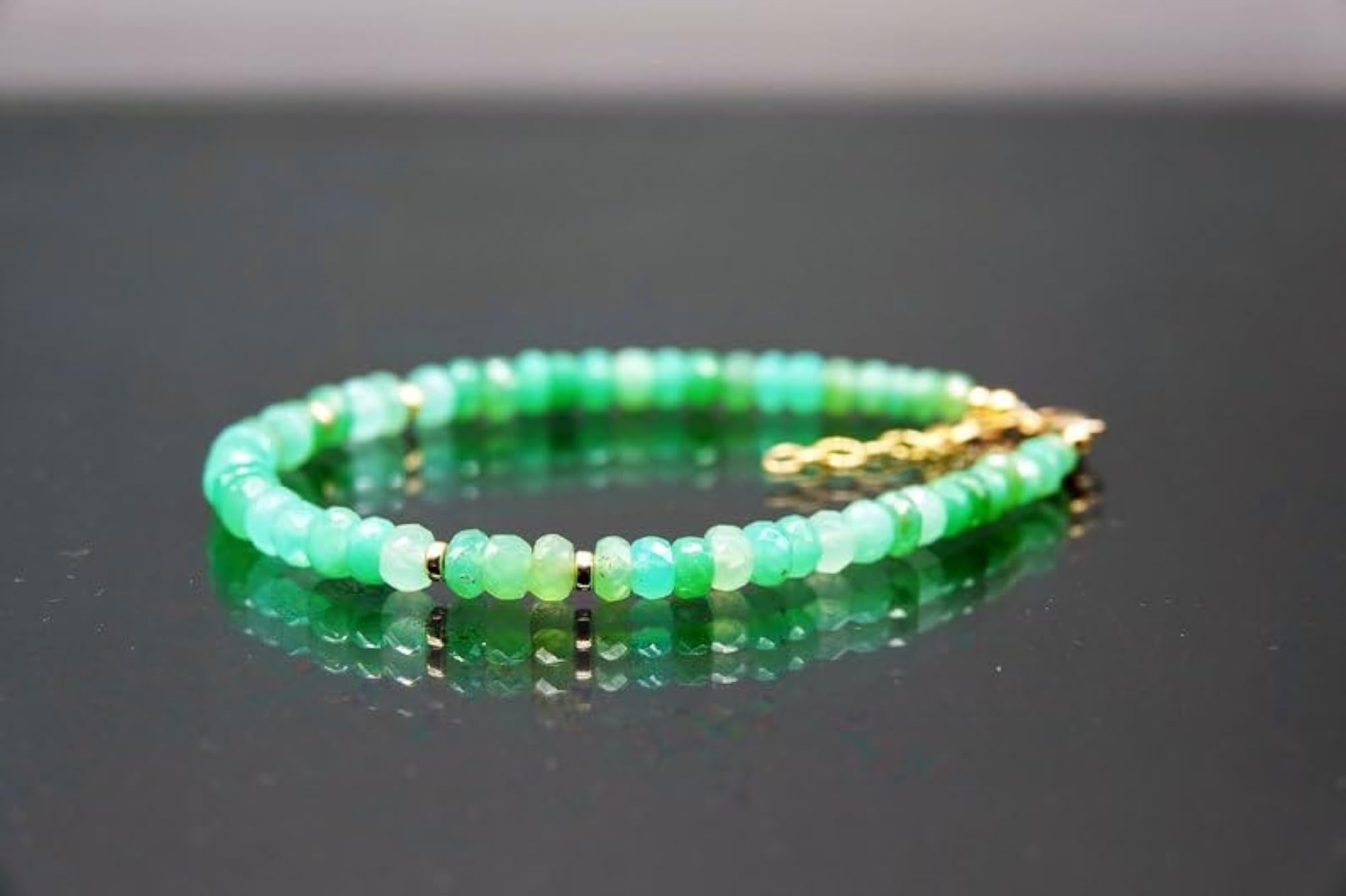 Chrysoprase Rondelle Beaded Bracelet with Gold Lock, Adjustable