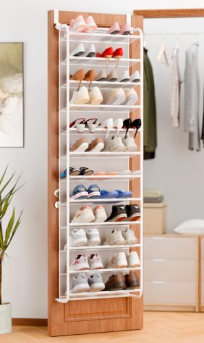 Image of Whitmor 36 Pair Over the Door Shoe Rack,12 Tier Hanging Shoe Organizer with Metal Frame & Mesh Shelves, Heavy Duty Shoe Storage Holder for Door,No Drill Installation, 74 inchH x 21.7 inchW x 7.5 inchD, Matt White