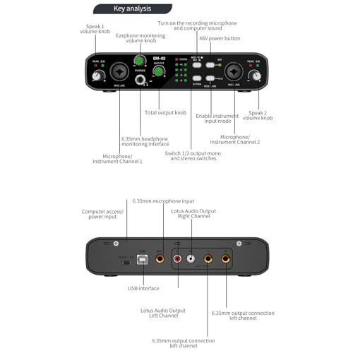 Fockety Scheda Audio USB Esterna, Interfaccia Audio 32bit 384KHZ con Preamplificatore Microfonico e Alimentazione Phantom 48V, per la Registrazione in Streaming Live Karaoke Gaming