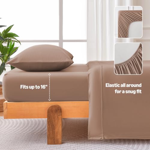Image of Amazon Basics Jersey Knit 3-Piece Sheet Set, Wrinkle Resistant and Easy Fit, Includes 16 inch Deep Pocket Fitted Sheet, 1 Flat Sheet and 1 Pillowcase, Twin, Light Brown