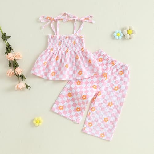 Image of Thorn Tree Toddler Girl Clothes Plaid Printed Sleeveless Pleated Camisole Linen Pants Set Baby Summer Outfits