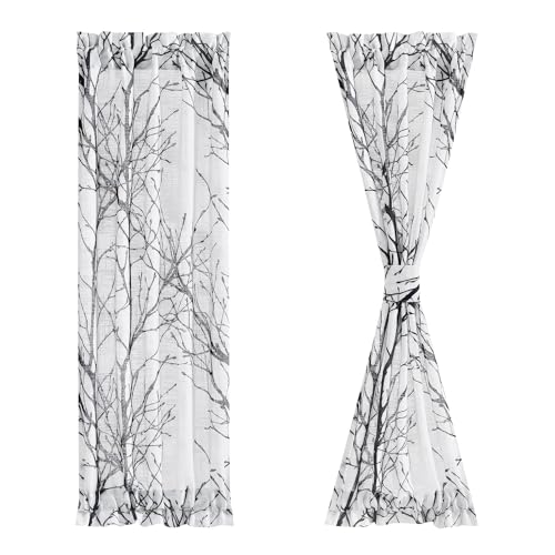 Image of FMFUNCTEX Sheer Sidelight Front Door Curtains 40 Inches Long White Black Branch Tree Half Print Curtain for Patio Doors with Matching Tiebacks 24 Inches Wide 2 Panels Set