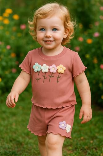 Yvowming Toddler Baby Girl Clothes Outfits,Summer Ruffle Ribbed Flower T Shirt Shorts Set Clothes for Girls2