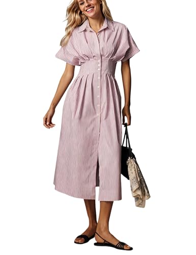 Image of Women Striped Button Front Pleated Maxi Shirt Dress Short Sleeve Collar Summer Casual Purple Corset Long Dress