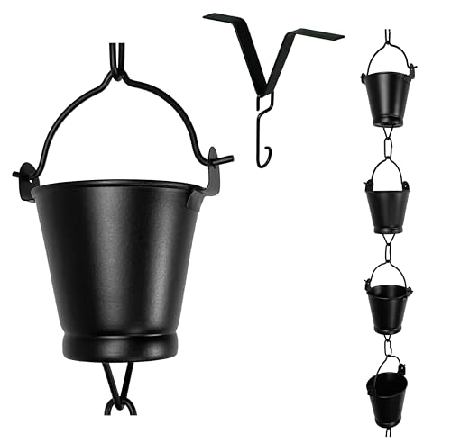 U-nitt Rain Chains, Roof Gutter Downspout/Spout Channel, Rainwater Water Catcher/Diverter, 8.5 feet Length, Metal, Black Powder Coated, Farmhouse Bucket, 8146BLK