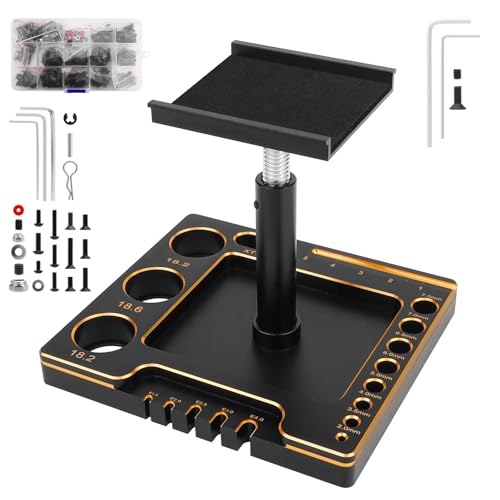 RC Car Repair Work Stand Repair Tool Set 360 Degree Rotation 1/16 1/18 1/24 RC Trucks Crawlers with RC Screws Kit and RC Screwdrivers and Screws Pallet Kit (Black Gold)