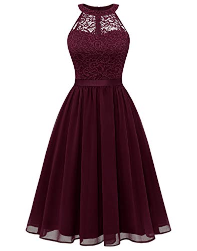 BeryLove Women's Vintage Floral Lace Chiffon Sleeveless Halter Formal Swing Dress 26BurgundyL