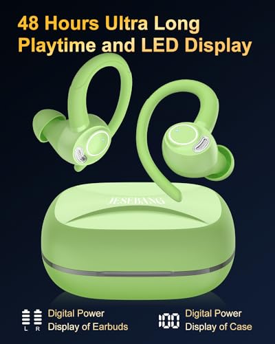 Image of Wireless Earbuds, Bluetooth 5.4 Headphones Sport, Over Ear Buds With ENC Noise Cancelling Mic, 48H, Wireless Earphone With Earhooks, Stereo Deep Bass, IP7 Waterproof ear bud for Workout Running, Green