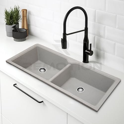 Image of REMOTION Granite Quartz Double Bowl Kitchen Sink With Drain Board Flushmount /Undermount /Top Mounted Kitchen Sink | Sinks For Kitchen (45 x 20 x 9 Inch) (Grey Sand)