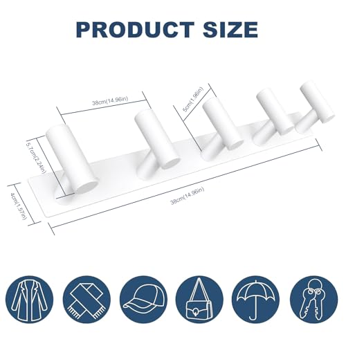 Image of VAEHOLD Hat and Coat Wall Mount Rack - Hooks for Robes, Bags, Keys, and Towels - Bathroom Towel Hanger Organizer (White, inchT inch Shape 5 Hooks 2 Pack)