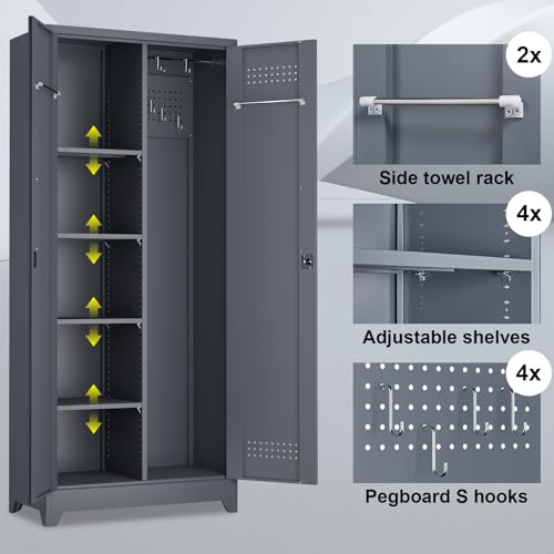 Image of Metal Tool Storage Cabinet, Broom Closet with Hooks, 72.8 inch Tall Garage Cabinet with Shelves, Heavy-Duty Cleaning Storage for Utility Room, Gym, Office, Garage