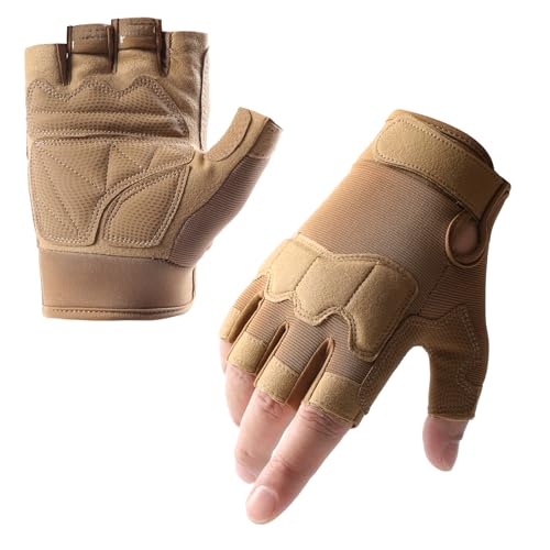SUJAYU Fingerless Outdoor Gloves for Men Women Knuckle Protection for Cycling Hiking Bicycle Riding Motorcycle Gloves for Men Women (Tan Medium)