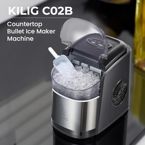 Image of Kilig C02B Countertop Ice Maker Machine | 9 Ice Ready in 5 Mins | 15Kg-24H | Self-Cleaning Function | Portable Ice Maker with Ice Scoop & Basket for Home /Party /Camping