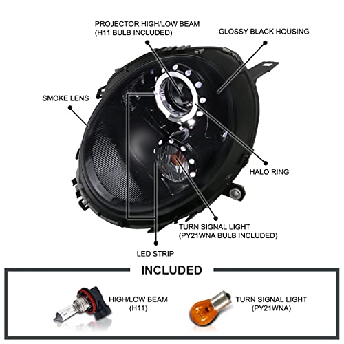 SPEC-D TUNING Glossy Black Smoke LED Halo Rim Projector Headlights Compatible with 2007-2013 R56 MINI Cooper Models, Left + Right Pair Headlamps Assembly - Image 4