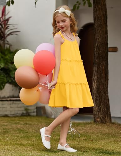 Arshiner Girl Summer Dresses Tween Boho Spaghetti Strap A-Line Swing Flowy Ruffle Tiered Sundress with Pockets3