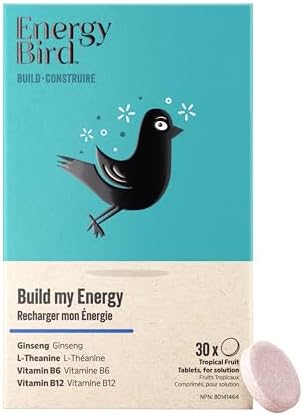 Energy Bird: Build My Energy Supplements | Ginseng | L-Theanine | Vitamin B6 | Vitamin B12 | Increase Energy & Resistance to Stress | Tropical Fruit Flavour | 30 tablets