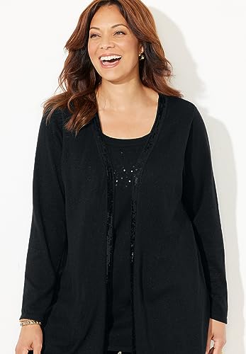 Catherines Women's Plus Size Sequin Trim Tank Cardigan Duet4
