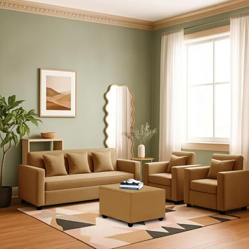 Image of 3+1+1 Seater Sofa Set with Ottoman -Modern Velvet Fabric Sofa Set for Living Room, Deep Seating Comfort with Cushions - Golden Color