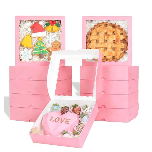 ROSPAKTEK Pie Boxes Pink Bakery Boxes with Window (6pcs, 9x9x2.5 Inch) for Christmas: Ideal for Pie, Cookies, Chocolate Covered Strawberries, Breakable Heart & Charcuterie