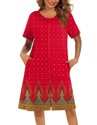 Image of Ekouaer Women Robes Lightweight House Coat Short Sleeve Floral Print Mumu House Dresses with Pockets Zipper Nightgowns