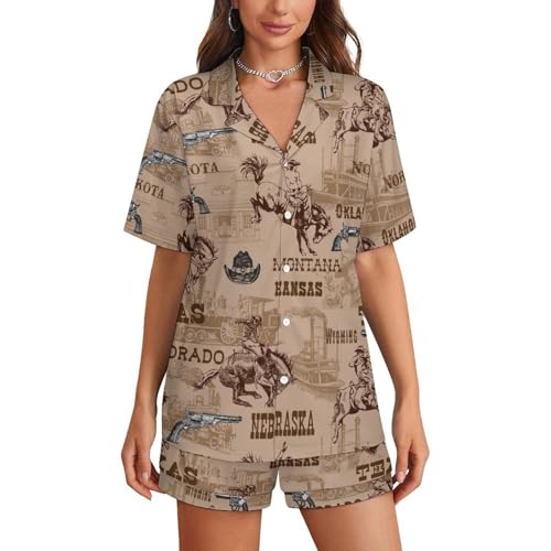 Image of Women Satin Pajamas Shorts Sets Wild West Rodeo Cowboys Silk PJs 2 Piece Outfits Shirt Lounge Pants Set, Medium