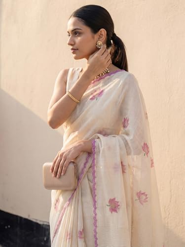 Image of AKHILAM Women's Shimmer Off White Chanderi Cotton Floral Hand Paint Embroidered Lace work Saree With Unstitched Blouse Piece | saree for woman | Designer Saree for Women | Soft and Skin Friendly