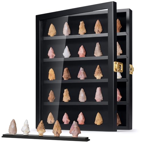 Image of TJ.MOREE Rock Display Case Black, Native American Arrowhead Display Case, Shadow Box Wall Mount for Crystal, Knife Display