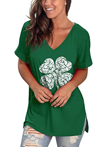 Image of Sampeel Women's V Neck T Shirts Casual Rolled Short Sleeve Side Split Summer Tops Loose Fit
