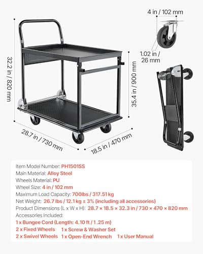 VEVOR-Heavy-Duty-2-Tier-Platform-Hand-Truck-700-lbs-2-Tier-Push-Tool-Cart-with-High-Strength-Steel-Utility-Cart-for-Warehouse-Garage-Workshop-Office