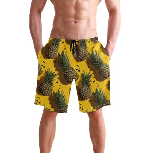 Men's Swim Trunks Music Pineapple Print, Quick Dry Beach Board Shorts with Lining-S
