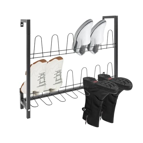 Philipreba 3 Tiers Metal Hanging Shoe Rack with 18 Hooks, Space-Saving Shoe Storage Shelf, Wall Mounted Shoe Organizer Tower for Entryway, Home, Retail Stores (Black)