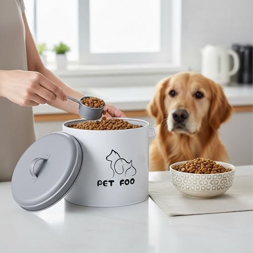 Caja para pienso de 5 litros contenedor metálico blanco con cuchara dosificadora 3