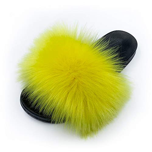 Image of Women's Faux Fur Slides Slippers Fluffy Fuzzy Sandals Open Toe Furry Slide Flip Flop Indoor Outdoor