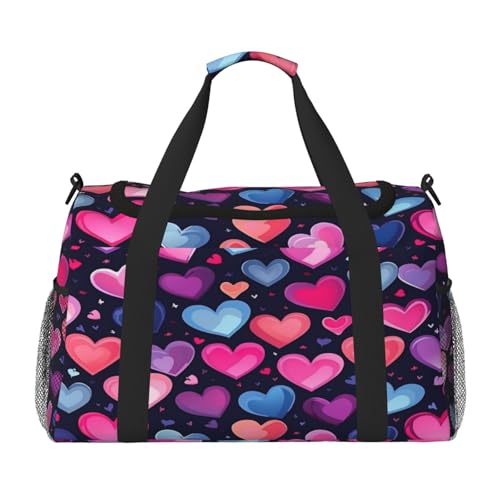 Travel Duffel Bag For Men Women, Colorful Hearts Love Pattern Carry On Sport Gym Bag With Shoulder Strap Lightweight Waterproof Weekender Bag Overnight Bag
