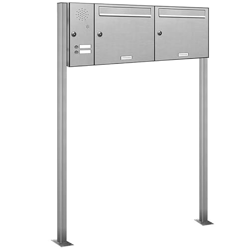 AL Briefkastensysteme 2er V2A Edelstahl Standbriefkasten mit Klingel rostfrei als 2 Fach Briefkastenanlage in Postkasten Doppel-Briefkasten Design modern