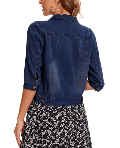 Women's Short Denim Jacket 2025 Lapel Stretch Jean Coat Button Trendy 3/4 Sleeve Cropped Denim Jackets3