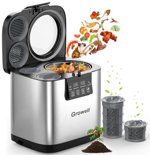 Growell Compostador eléctrico de cocina de 4 litros, contenedor de abono para encimera con filtro de carbono doble, ventana visible, limpieza automática, motor sin escobillas mejorado silencioso y de