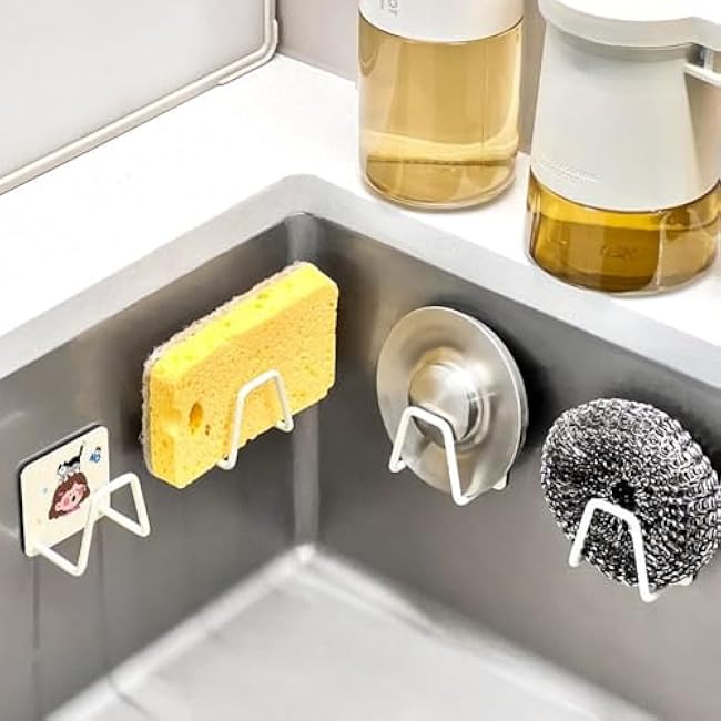 Cute Cartoon Sink Sponge Holder for Kitchen Sink, Adjustable Self Adhesive Stainless Steel Sponge Holder, Non-Trace Stick Sponge Caddy Organizer Storage Holder (Boy and Girl-4 pack)