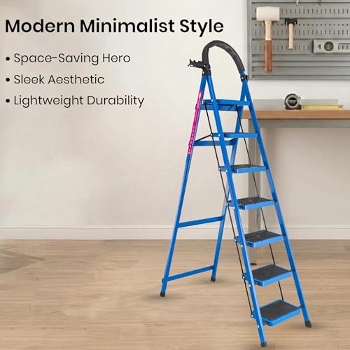 Image of Casa Copenhagen Blue 7 Step Ladder for Home Use with Built-in Tool Tray | Heavy Duty D Shape Rods | Ultra Large Platform | Wide Rubber Feet | 150Kg Capacity Foldable Ladder - 7 Years Warranty