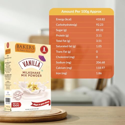 Image of BAKERS Milk Shake Mix Powder - Vanilla Flavor Pack of 4, Each 100g (400 Gram) | Instant Thick & Creamy Shake Mix | Rich & Delicious Dessert Drink | Ready to Mix with Milk | No Preservatives |Ready in 30 Sec