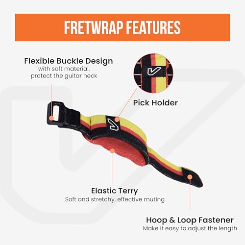 Image of Gruv Gear Fret Wrap & Guitar Mute, Fretwrap for Acoustic, Electric & Bass | String Dampener Recording, Tapping & Practice Accessory (1 Pack, Medium Black /Red /Yellow, Fits 5 String Bass, 7 String