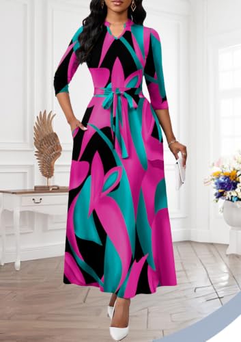 Image of BubFee Maxi Dresses for Women Semi Formal Long Dress 3 /4 Sleeve Casual A-line Church Dresses with Pockets