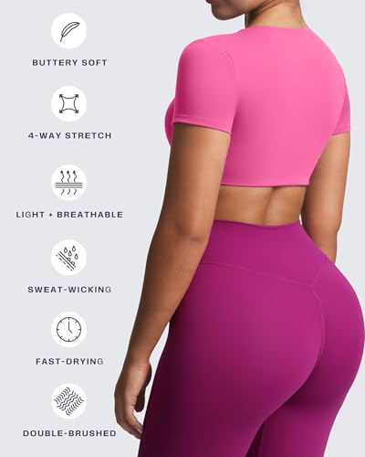 Image of Aoxjox Short Sleeve Crop Tops for Women Sienna Twist Deep V Workout Cropped T Shirt Top (Azalea Pink, Small)