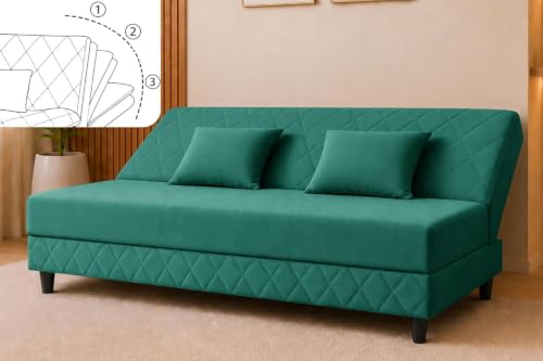 Image of Deco Studio 3 Seater Sofa Bed | Premium Upholstered Velvet Fabric Folding Couch for Living Room, Guest Room & Bedroom | Quilted Backrest with 2 Cushions (Green)