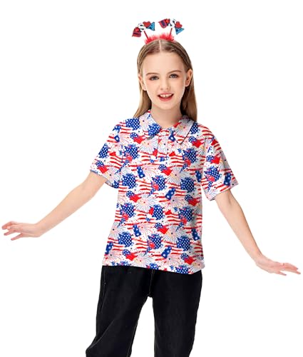 Image of AOBUTE Kids 4th of July Polo American Flag Short Sleeve Button Down Shirts Tops 3-14 Years