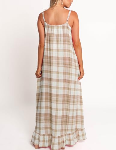 Image of LASPIA Spaghetti Strap Dresses for Women Plaid V Neck Maxi Sundress Beach Long Dress with Pockets