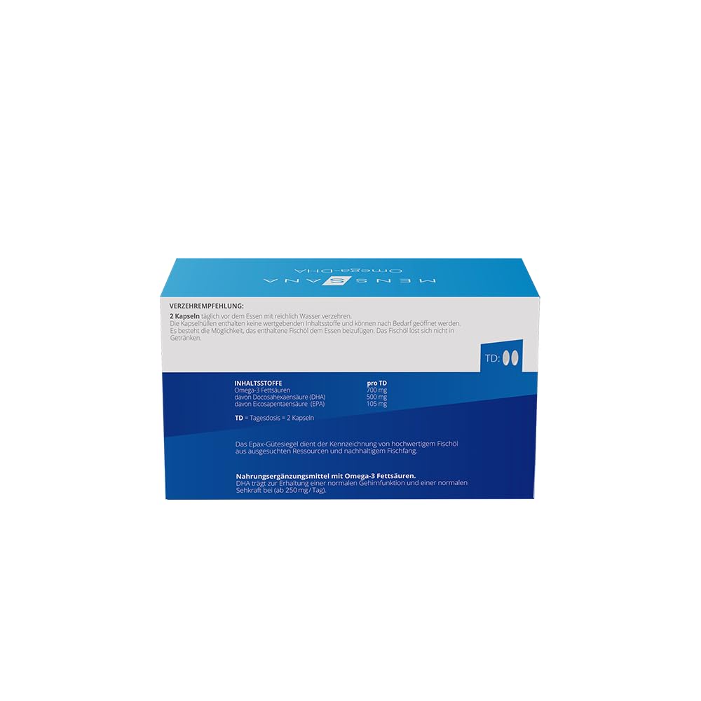 Omega-DHA MensSana – 500 mg DHA & 105 mg EPA pro Tagesdosis – Omega-3-Fettsäuren aus hochwertigem Fischölkonzentrat – 90 Kapseln