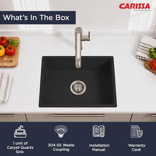 Image of Carissa By Carysil Titanium Quartz Kitchen Sink 18 x 16 x 8 inches, Single Bowl Granite Sink with 80% Quartz & 20% Resin, Heat Resistant 300C, 50kg Load Bearing, Stain Resistant - Z-Black
