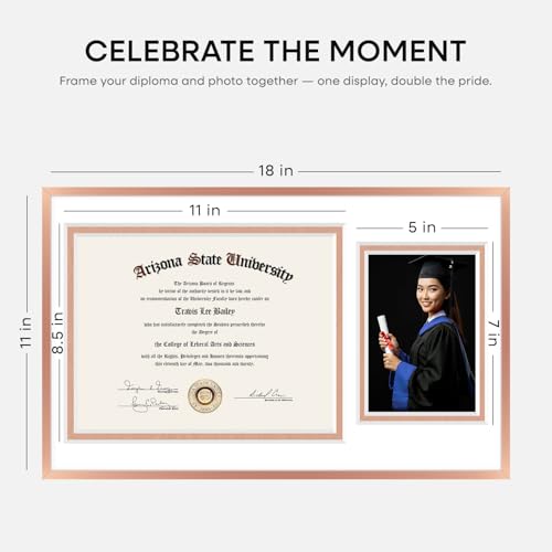 Image of Homeforia 11x18 Diploma Frame with Photo, High End Metal 11 x 18 Rose Gold Certificate Frame with Mat for 8.5x11 Diploma and 5x7 Picture, 11by18 Award Degree Frames, Tempered Glass, Wall Kit, Set of 3